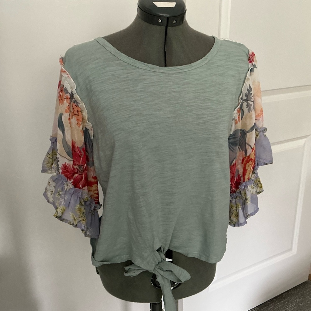 Umgee Floral Ruffle Sleeve Tie Front Top – Boho Boutique Style –Cottagecore Sz L